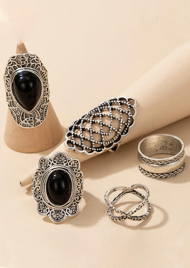 

Rings 5Pcs Vintage Criss-Cross Hollow Out Ring Set in Black. Size