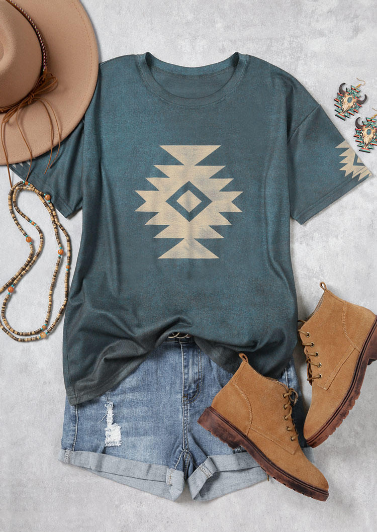Aztec Geometric O-Neck T-Shirt Tee - Cyan