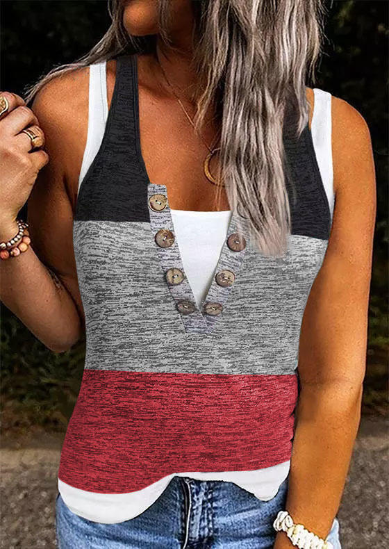 

Tank Tops Color Block Button Fake Two-Piece Tank Top in Multicolor. Size