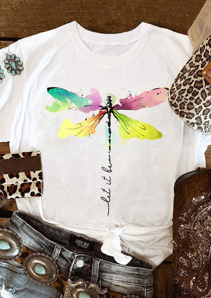 Let It Be Abstract Dragonfly O-Neck T-Shirt Tee - White