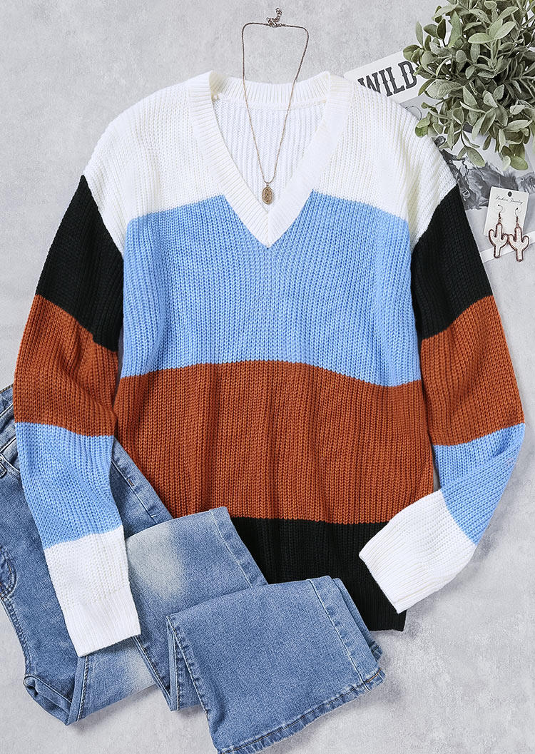 

Sweaters Color Block Long Sleeve V-Neck Sweater in Multicolor. Size: L,M