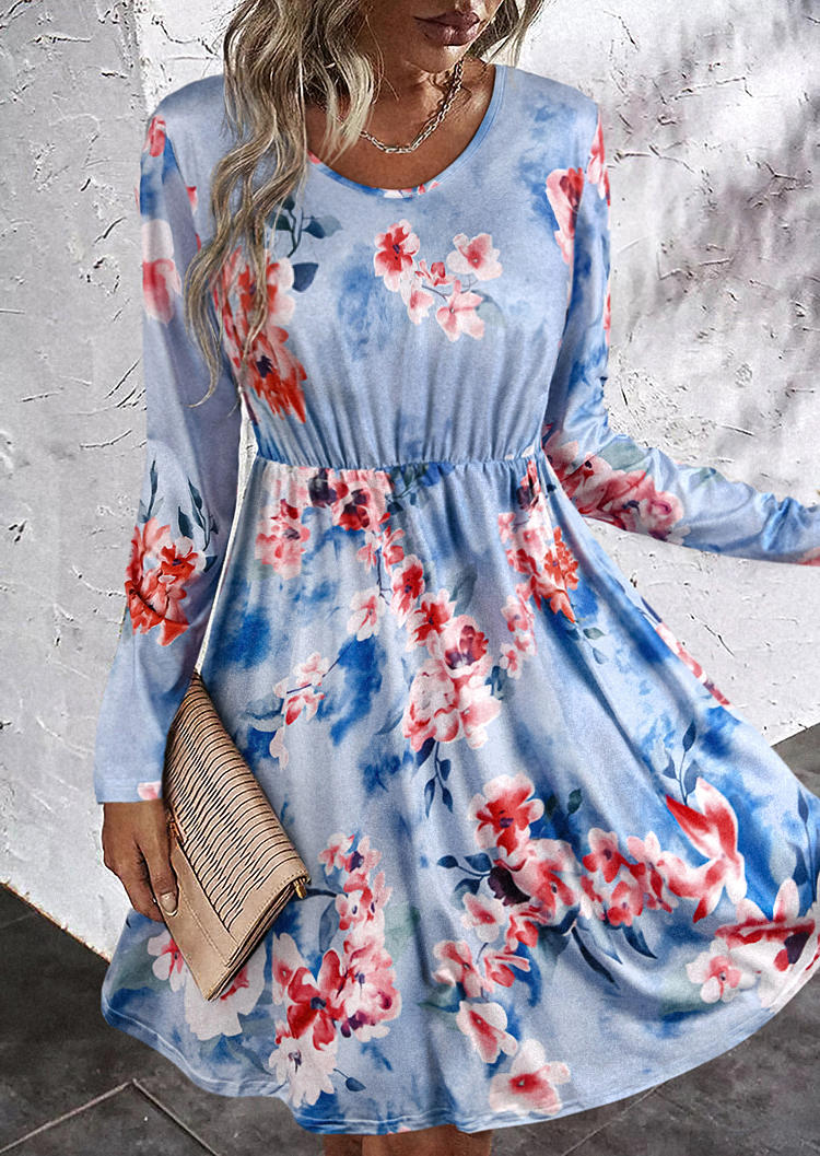 

Mini Dresses Floral O-Neck Long Sleeve Mini Dress - Light Blue in Blue. Size: L,M,,XL