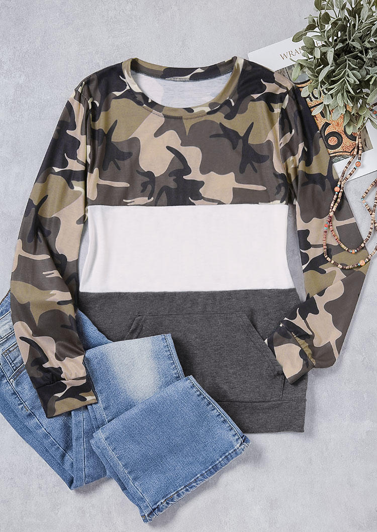 

Blouses Camouflage Color Block Pocket O-Neck Blouse in Multicolor. Size: ,XL
