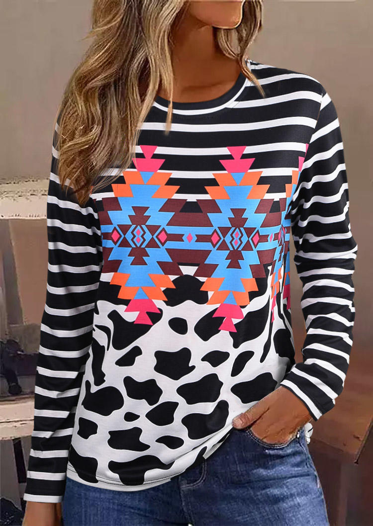 

Blouses Aztec Geometric Striped Cow Blouse in Multicolor. Size: L,M,,XL