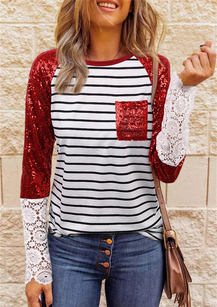 

Blouses Sequined Pocket Splicing Lace Striped Blouse in Multicolor. Size: L,M,,XL