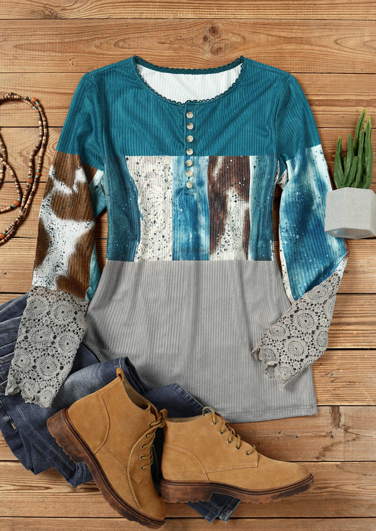 

Blouses Button Lace Splicing Long Sleeve Blouse in Multicolor. Size