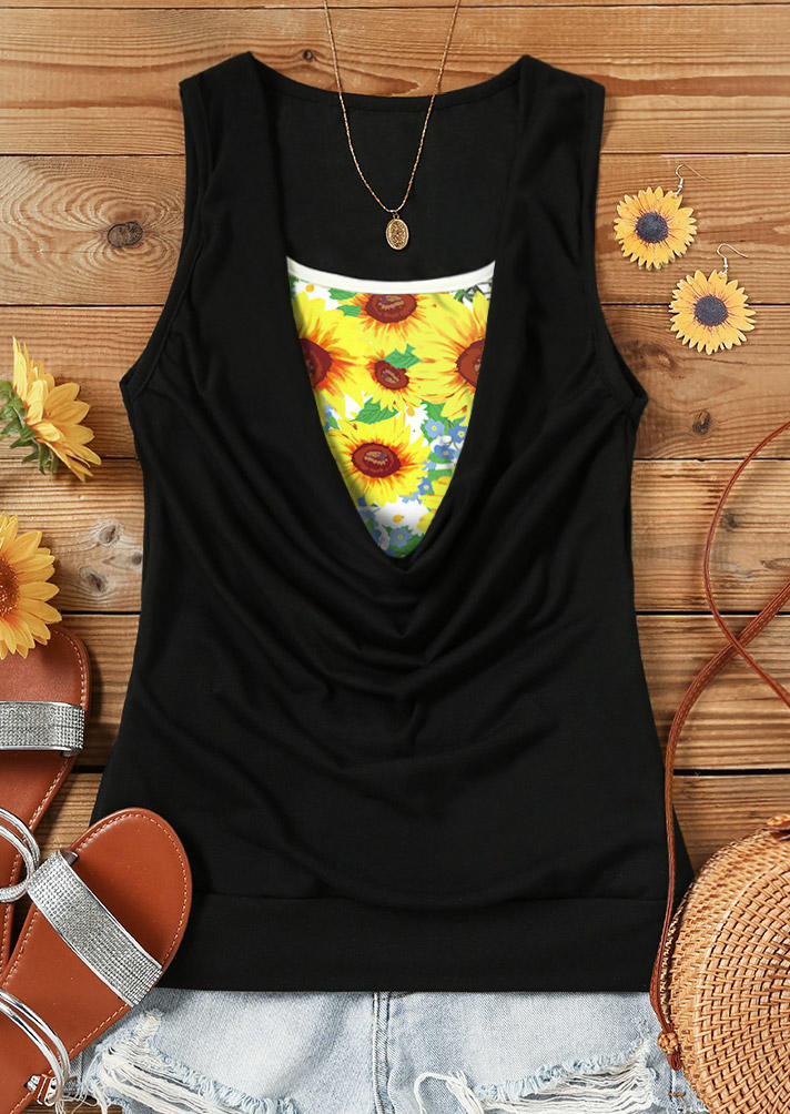 Sunflower Ruched Fake Two-Piece Tank - Black