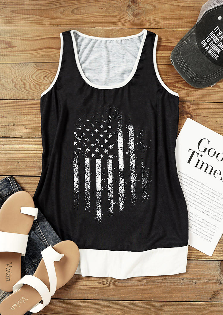 

Tank Tops American Flag U-Neck Collar Tank Top in Black. Size: L,M