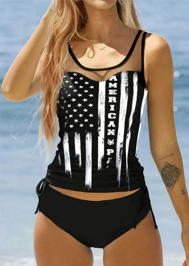 American Flag Drawstring Mesh Splicing Tankini Set - Black