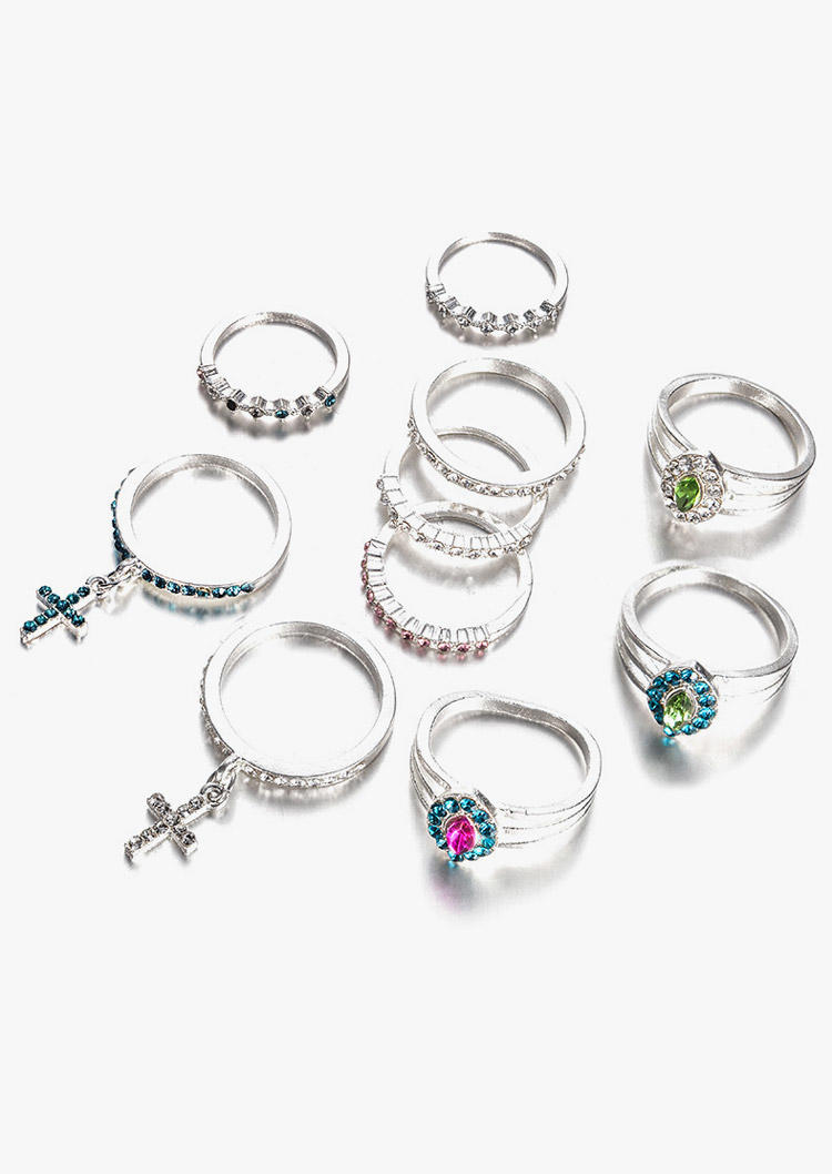 

Rings 10Pcs Cross Rhinestone Gemstone Ring Set in Multicolor. Size