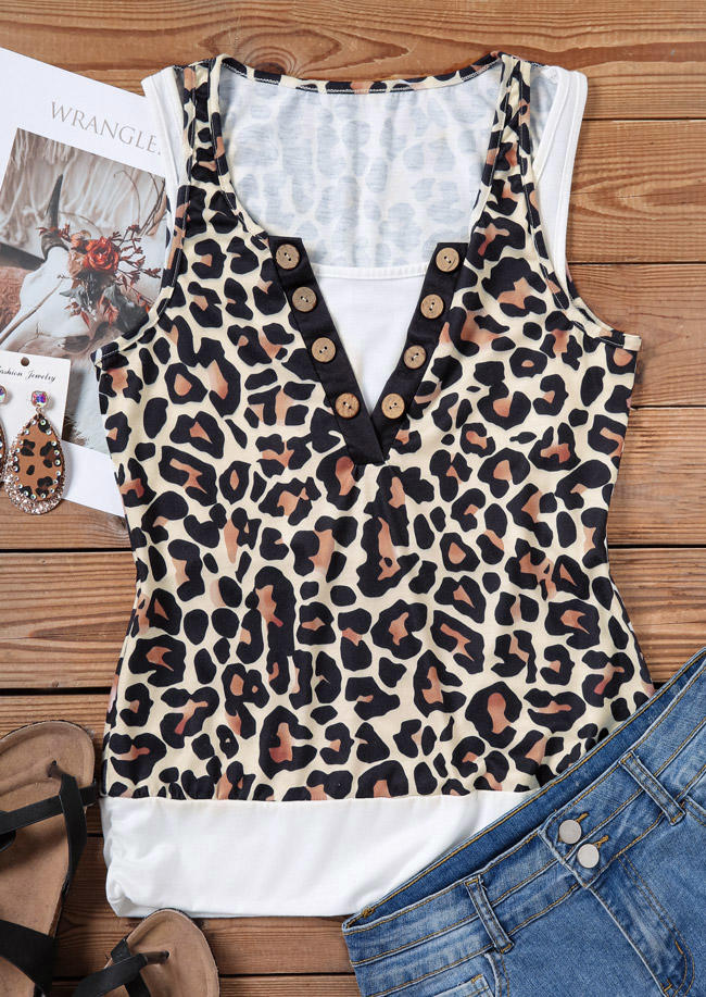 

Tank Tops Leopard Color Block Button Fake Two-Piece Tank Top in Multicolor. Size: L,M,,XL