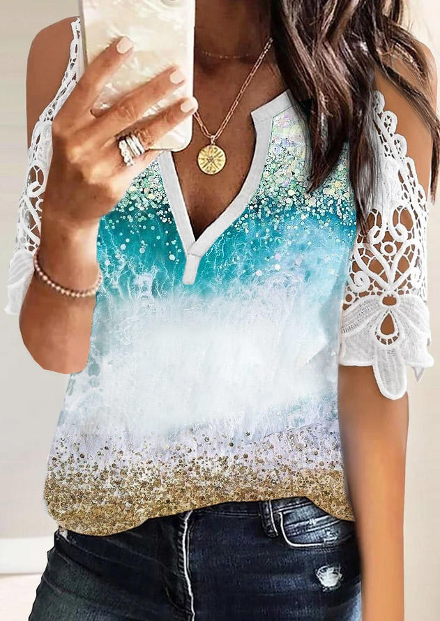 

Blouses Beach Lace Splicing Short Sleeve Blouse in Multicolor. Size: L,M,,XL