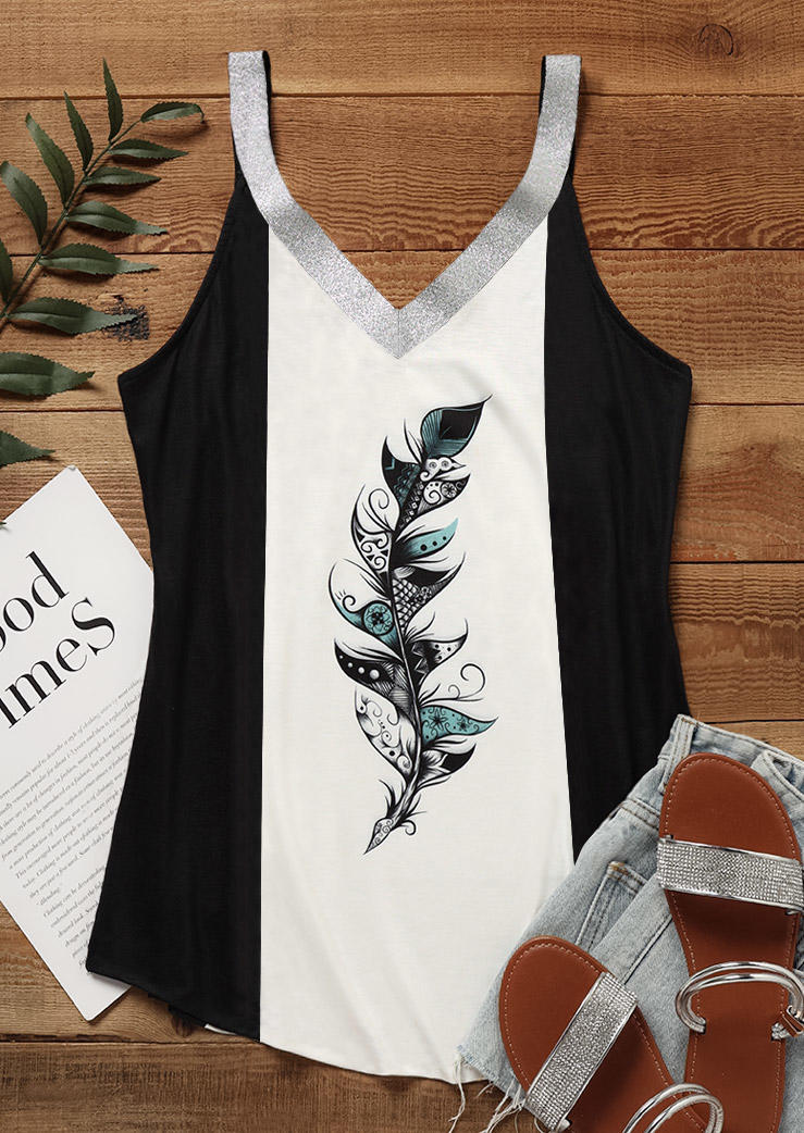 

Tank Tops Glitter Feather Color Block Camisole in White. Size: L,M