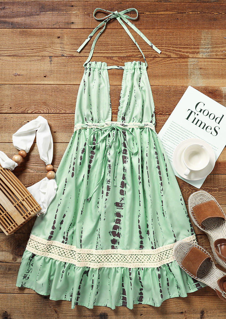 

Mini Dresses Lace Splicing Open Back Tie Halter Mini Dress in Multicolor. Size: L,M,,XL