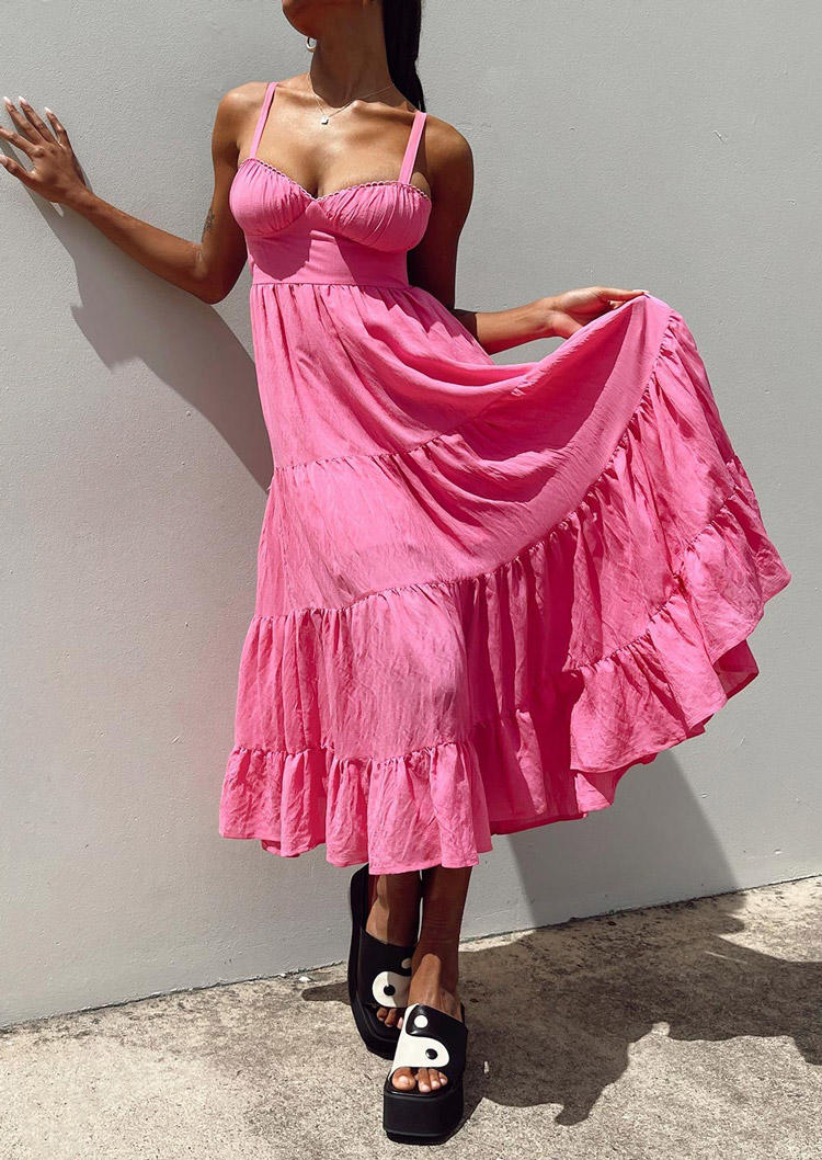 

Maxi Dresses Ruffled Open Back Spaghetti Strap Maxi Dress in Pink. Size: L,M,,XL