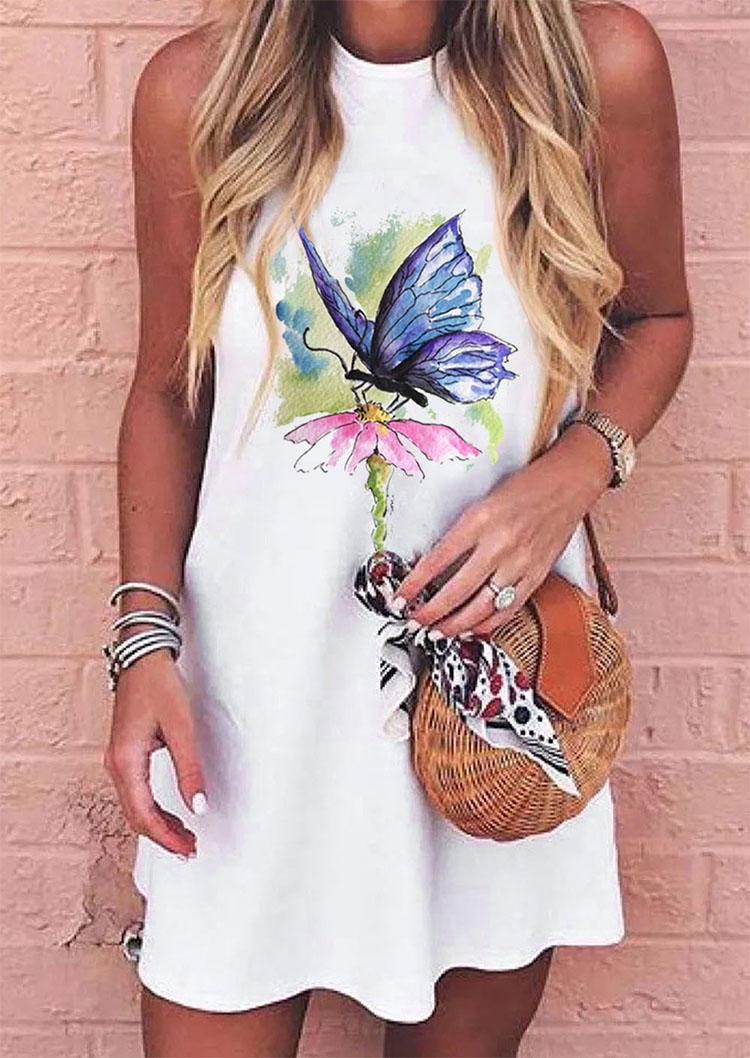 Splash Ink Butterfly Floral Sleeveless Mini Dress - White