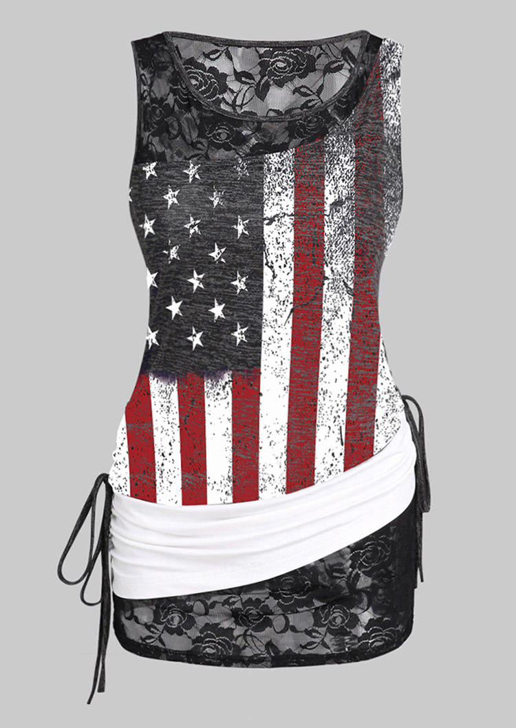 

Tank Tops American Flag Lace Splicing Drawstring Tank Top in Multicolor. Size