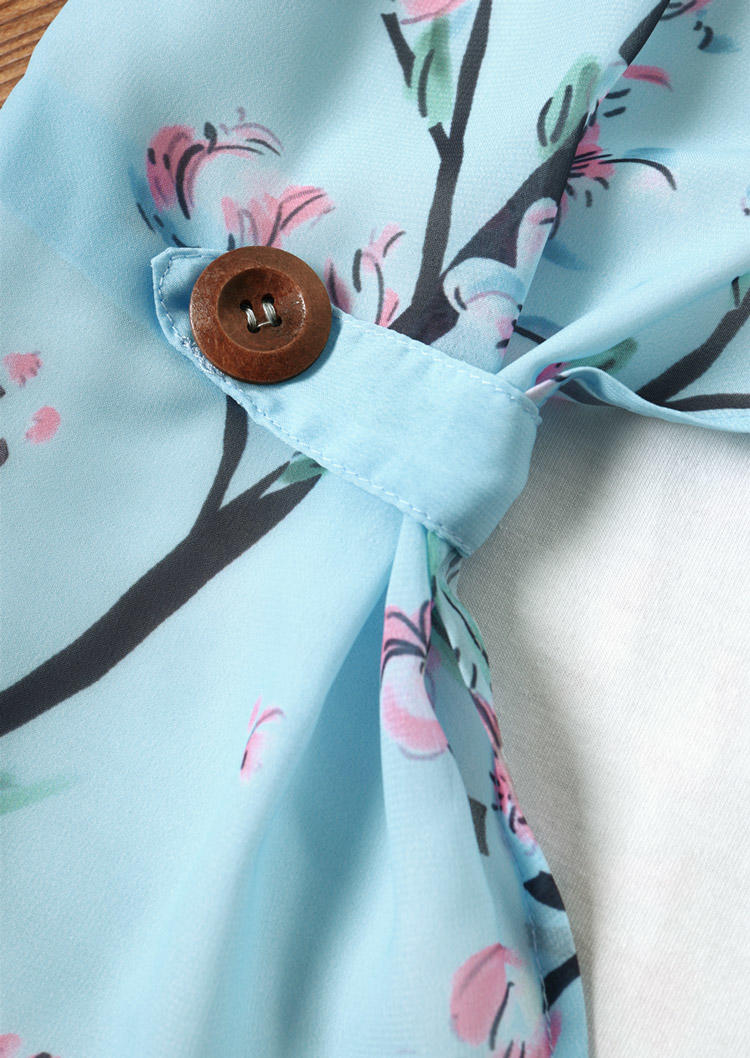 Floral Button Fake Two-Piece Blouse - Light Blue