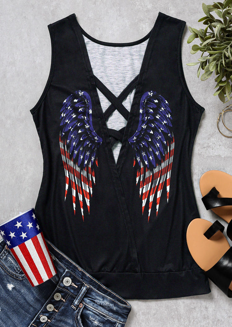 

Tank Tops American Flag Wing Criss-Cross Open Back Tank Top in Black. Size