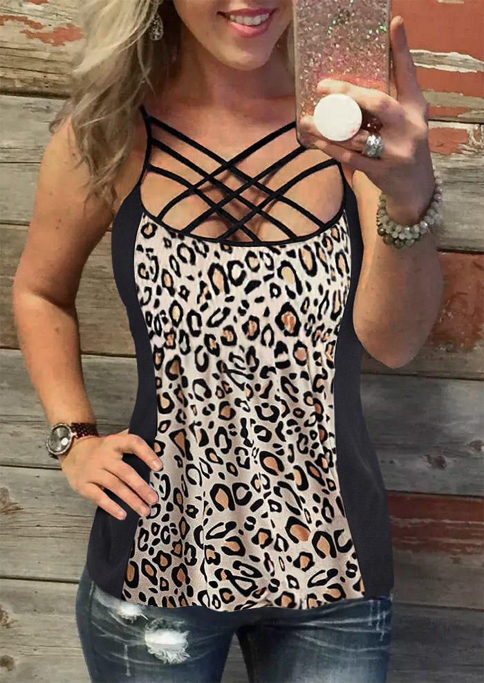 Leopard Color Block Criss-Cross Camisole
