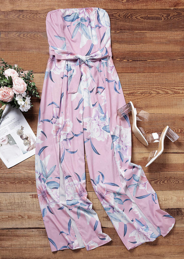 

Jumpsuits & Rompers Floral Pocket Slit Strapless Bandeau Jumpsuit in Multicolor. Size: L,M