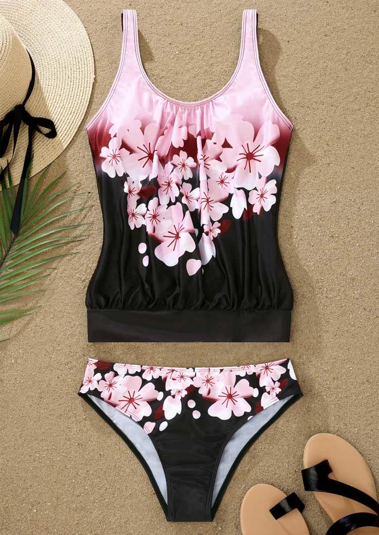

Tankinis Floral O-Neck Casual Tankini Set in Black. Size: L,M,,XL