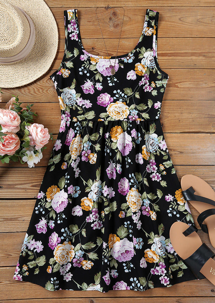 

Mini Dresses Floral Ruffled Zipper Sleeveless Mini Dress in Black. Size: L,M