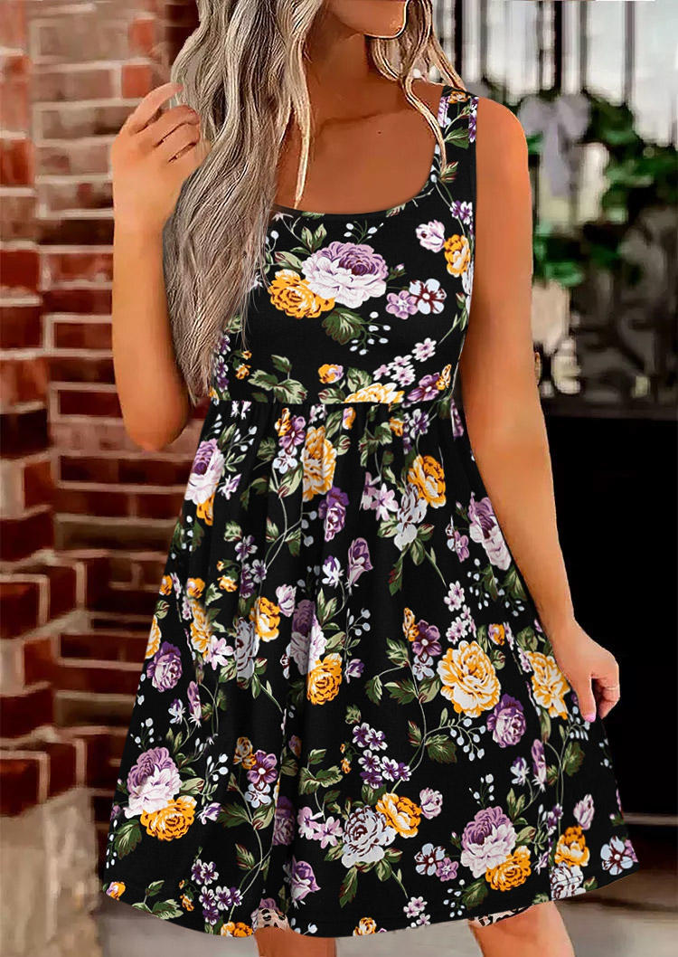 Floral Ruffled Zipper Sleeveless Mini Dress - Black