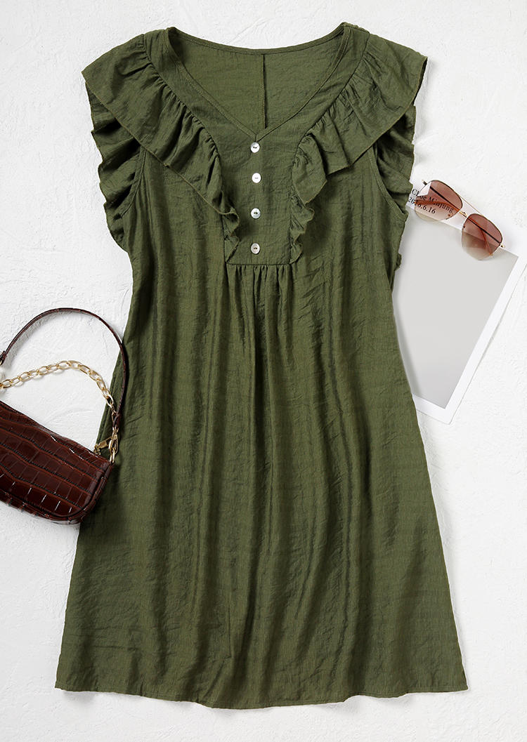 Mini Dresses Button Ruffled Sleeveless Mini Dress - Army Green in Green. Size: L,M