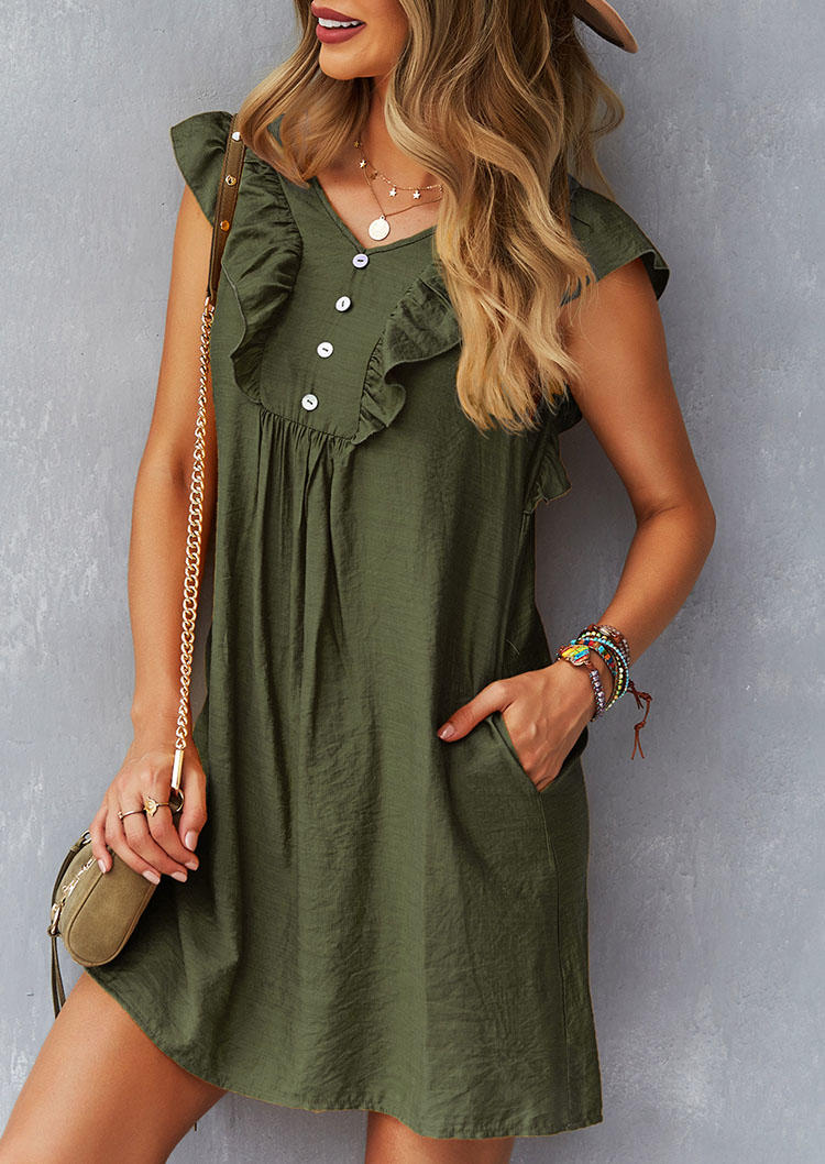 Button Ruffled Sleeveless Mini Dress - Army Green