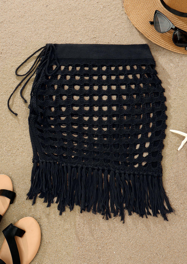 Cover Ups Tassel Hollow Out Crochet Cover Up Mini Skirt in Black. Size