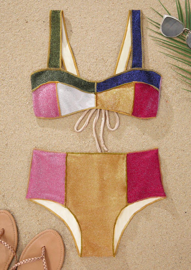 

Bikini Sets Glitter Color Block Tie Bikini Set in Multicolor. Size