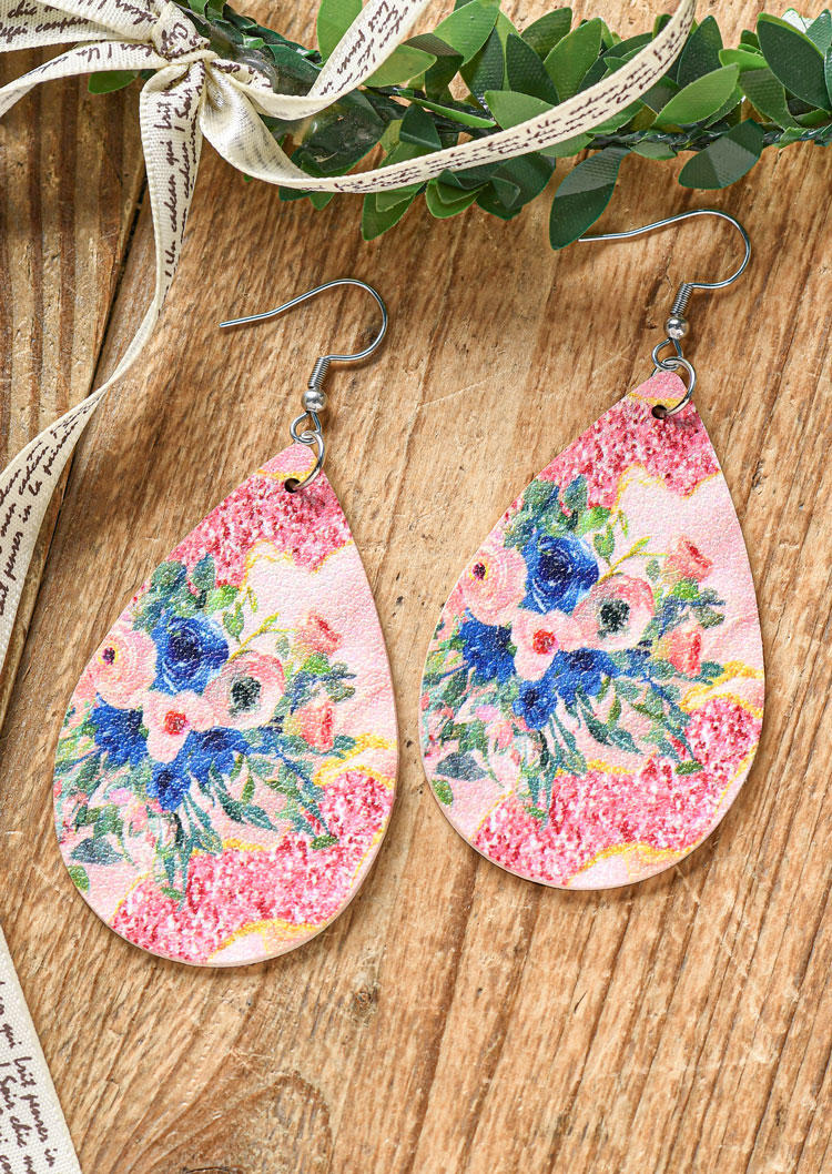

Earrings Floral PU Leather Water Drop Earrings in Pink. Size