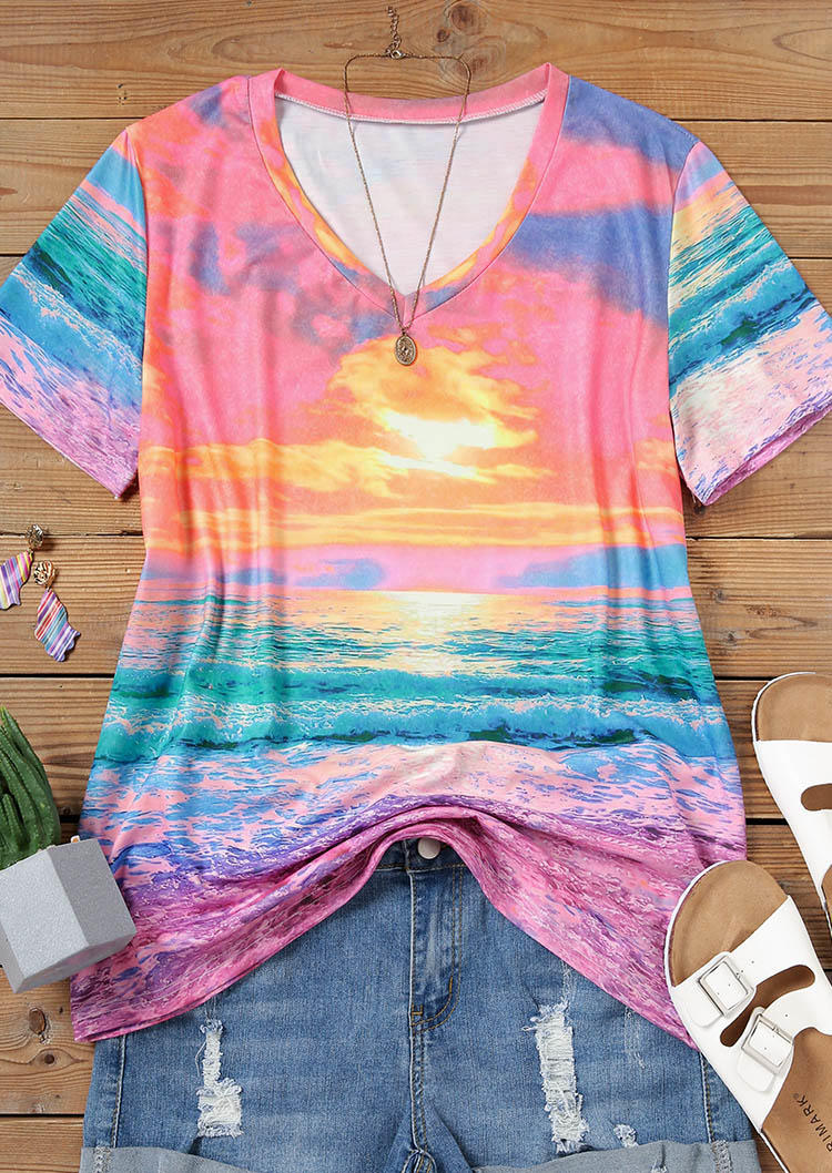 

Blouses Beach Short Sleeve Casual Blouse in Multicolor. Size
