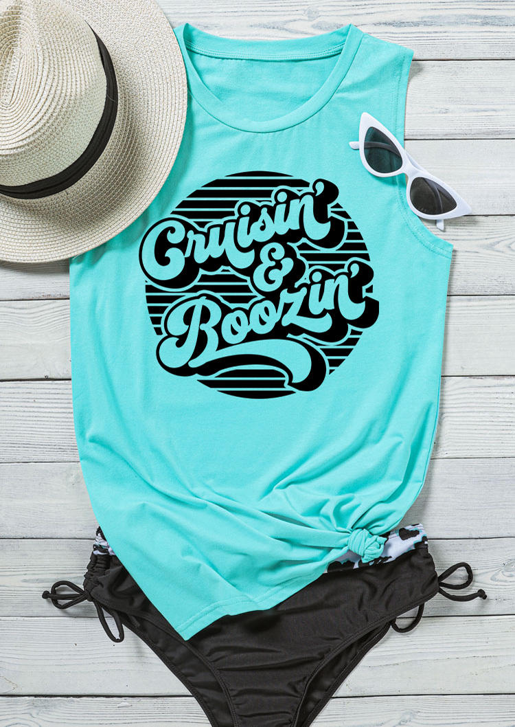 Tank Tops Cruisin' & Boozin' O-Neck Tank Top - Cyan in Blue. Size
