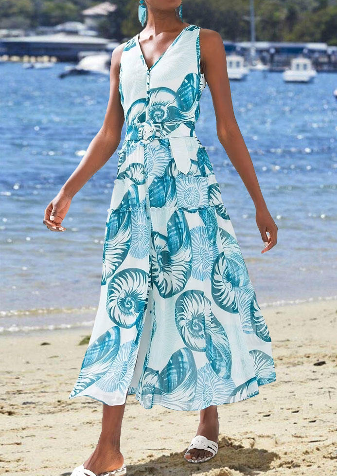 

Midi Dresses Button Sleeveless Slit V-Neck Midi Dress with Belt in Multicolor. Size: L,M,,XL