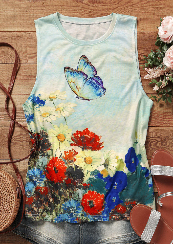 

Tank Tops Floral Daisy Butterfly Casual Tank Top in Multicolor. Size: L,M,,XL