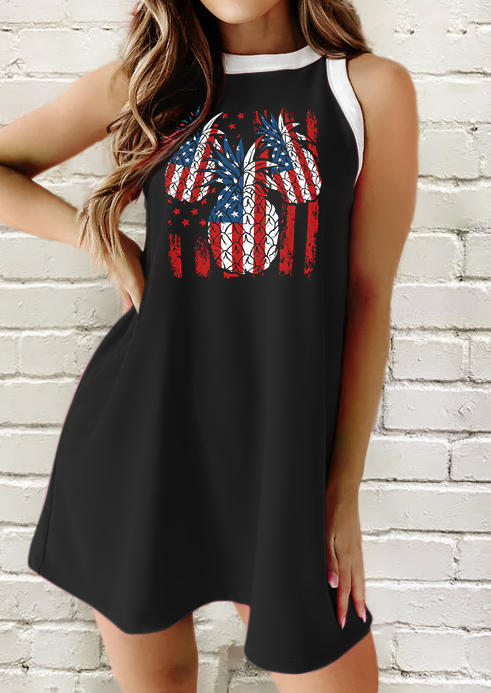American Flag Pineapple O-Neck Mini Dress - Black