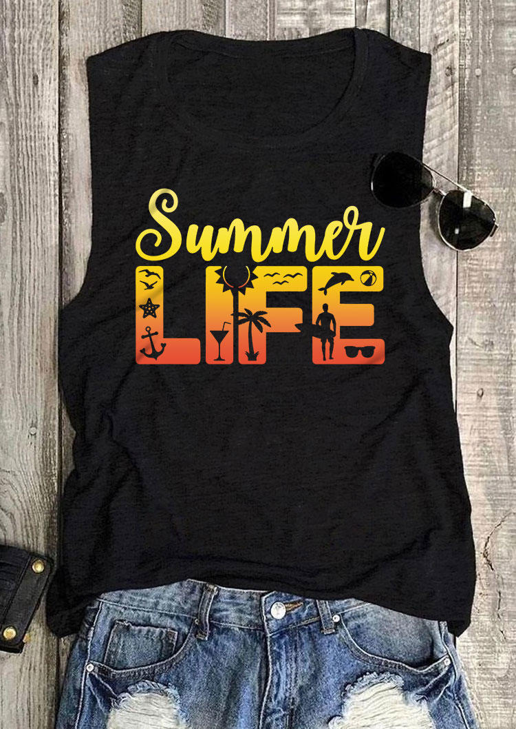 

Tank Tops Summer Life Coconut Tree O-Neck Tank Top in Black. Size