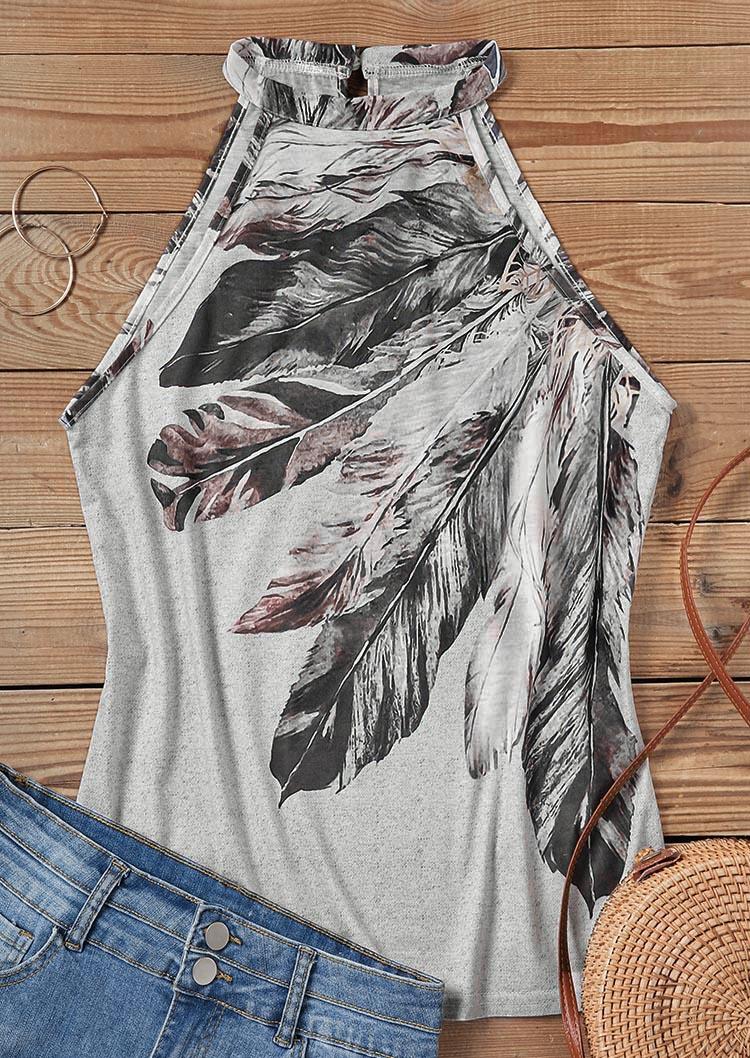 Feather Hollow Out Halter Tank - Gray