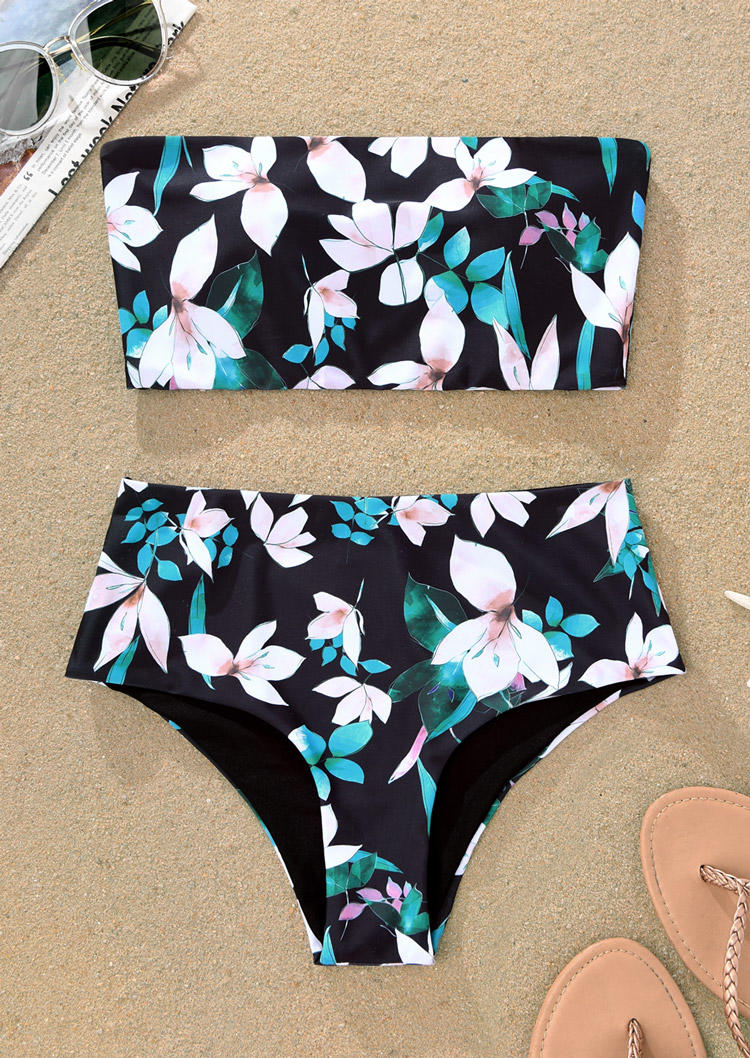 

Bikini Sets Floral Strapless Bandeau Reversible Bikini Set in Black. Size: M,,XL