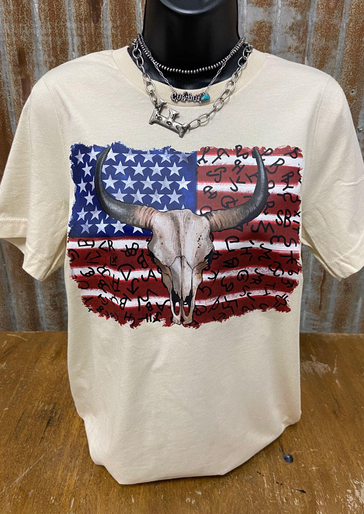 American Flag Steer Skull O-Neck T-Shirt Tee - Apricot
