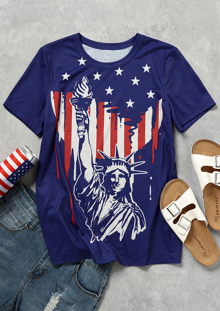 American Flag Statue Of Liberty T-Shirt Tee - Blue