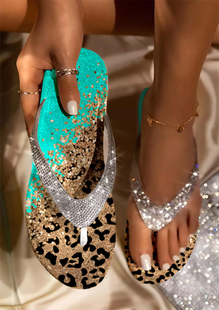 Leopard Rhinestone Flat Flip Flops Slippers