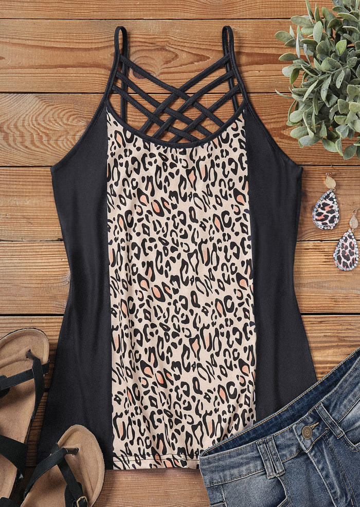 

Tank Tops Leopard Color Block Criss-Cross Camisole in Multicolor. Size: L,M