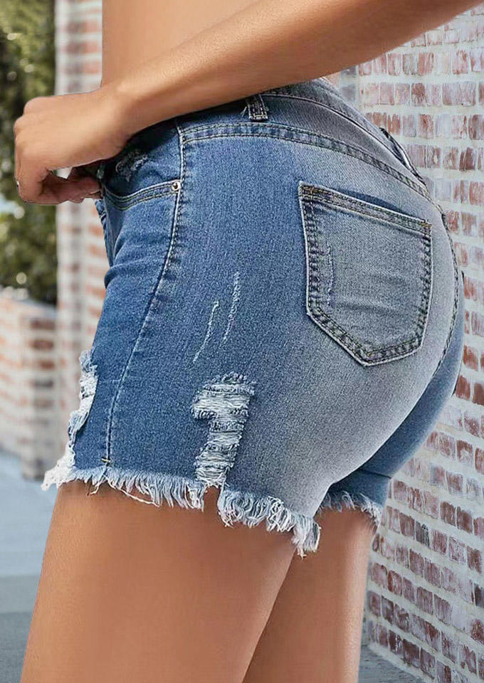 

Shorts Pocket Button Ripped Hole Denim Shorts - Dark Blue in Blue. Size: L
