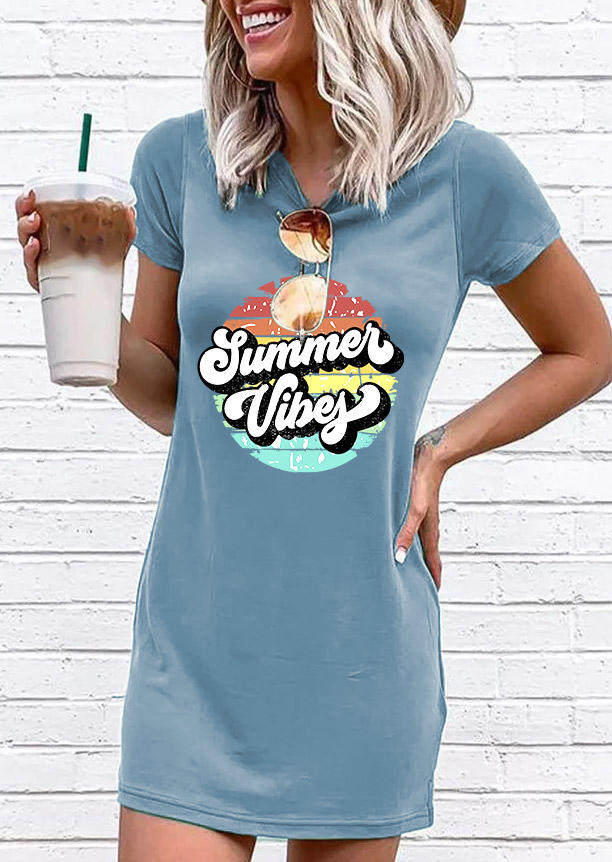 Summer Vibes Short Sleeve O-Neck Mini Dress - Light Blue