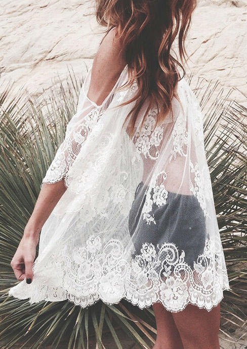 

Cover Ups Lace Splicing Cold Shoulder Cover Up Dress in White. Size