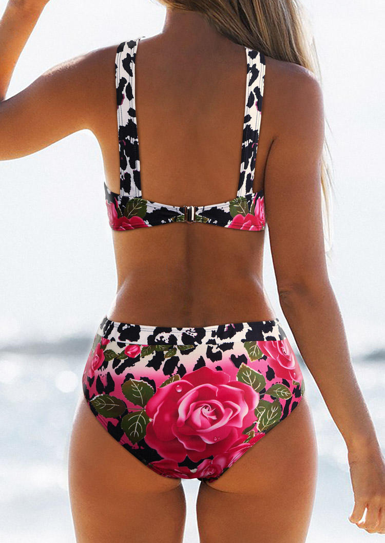 

Bikini Sets Leopard Floral Criss-Cross Hollow Out Bikini Set in Multicolor. Size