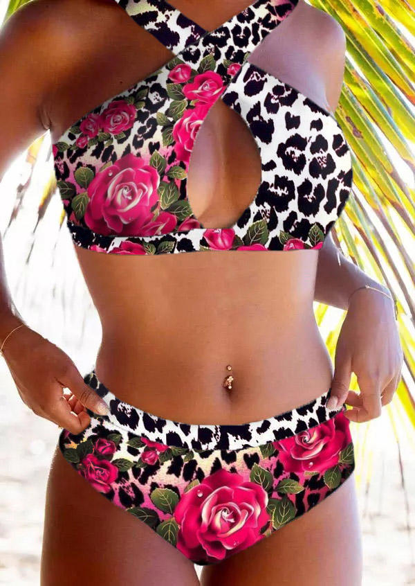 Leopard Floral Criss-Cross Hollow Out Bikini Set